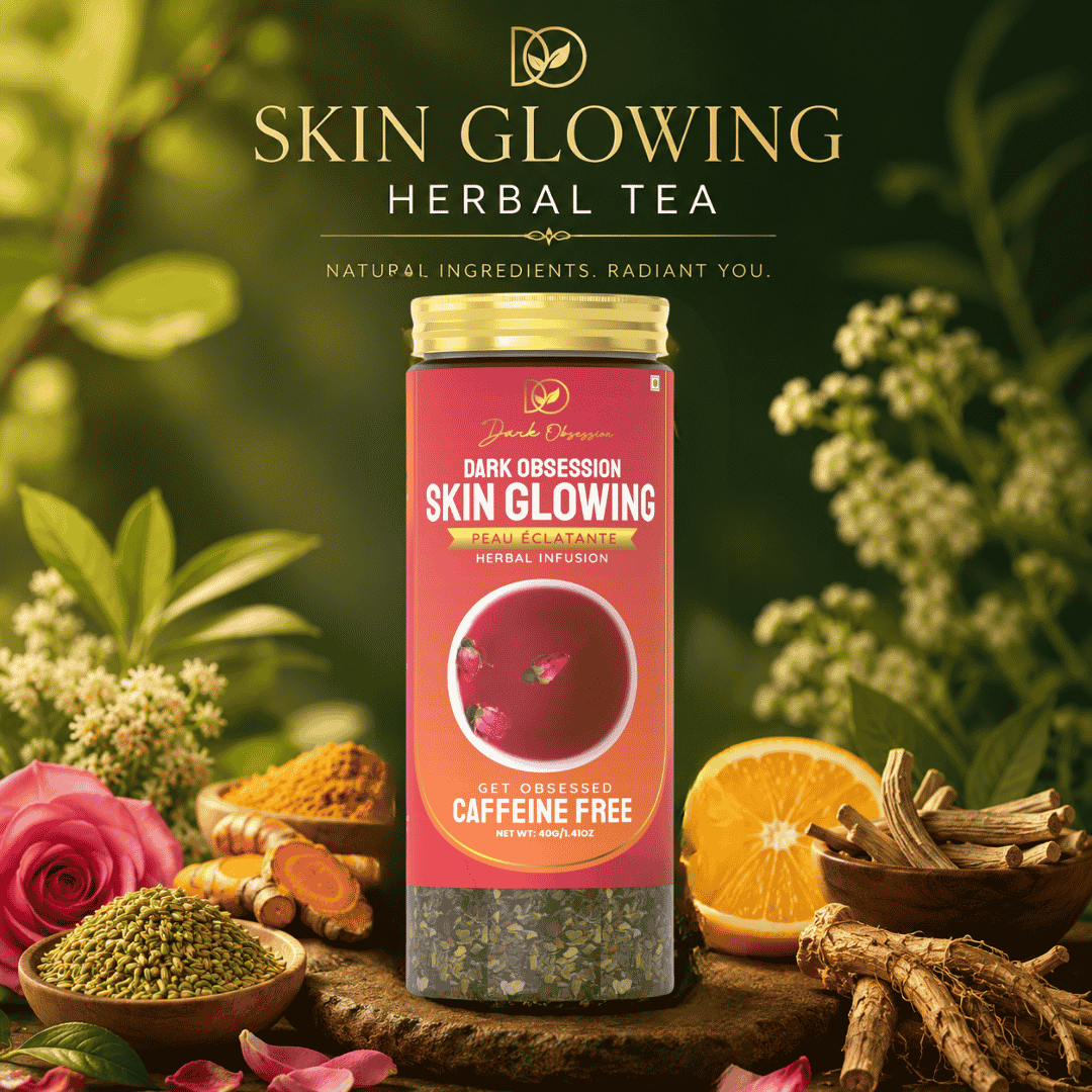 Dark Obsession Skin Glowing Herbal Tea premium herbal infusion with dandelion roots turmeric orange peel fennel licorice and red rose by tea suppliers in India
